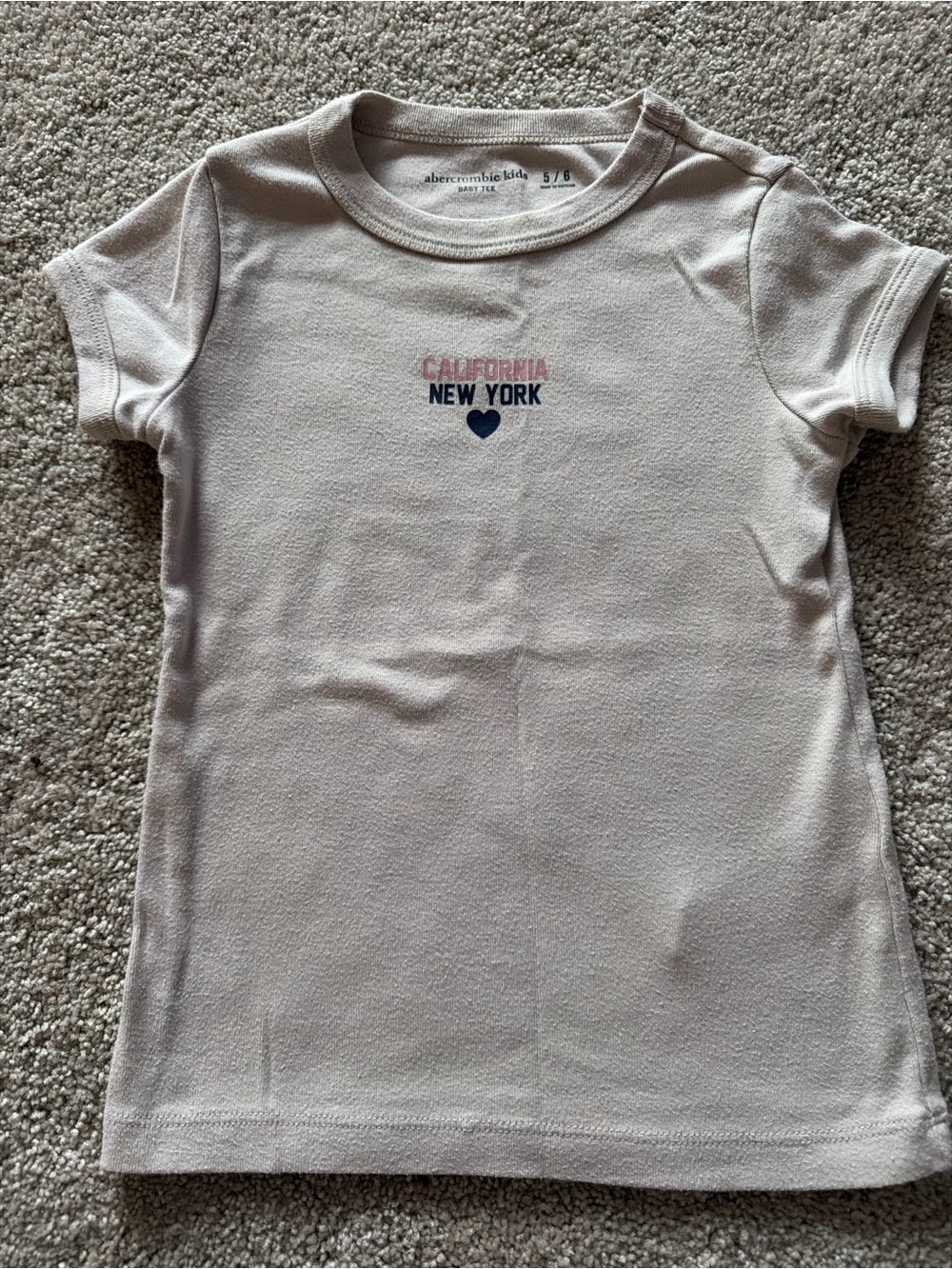 abercrombie kids cream tee with navy heart and pink text